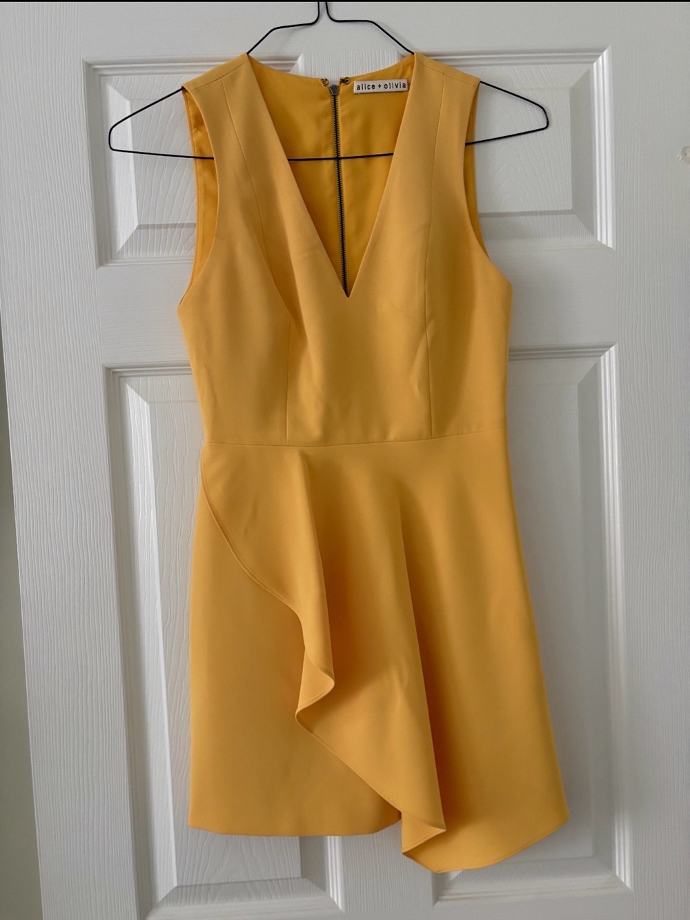 Alice + Olivia Mustard Yellow V-Neck Ruffle Mini Dress